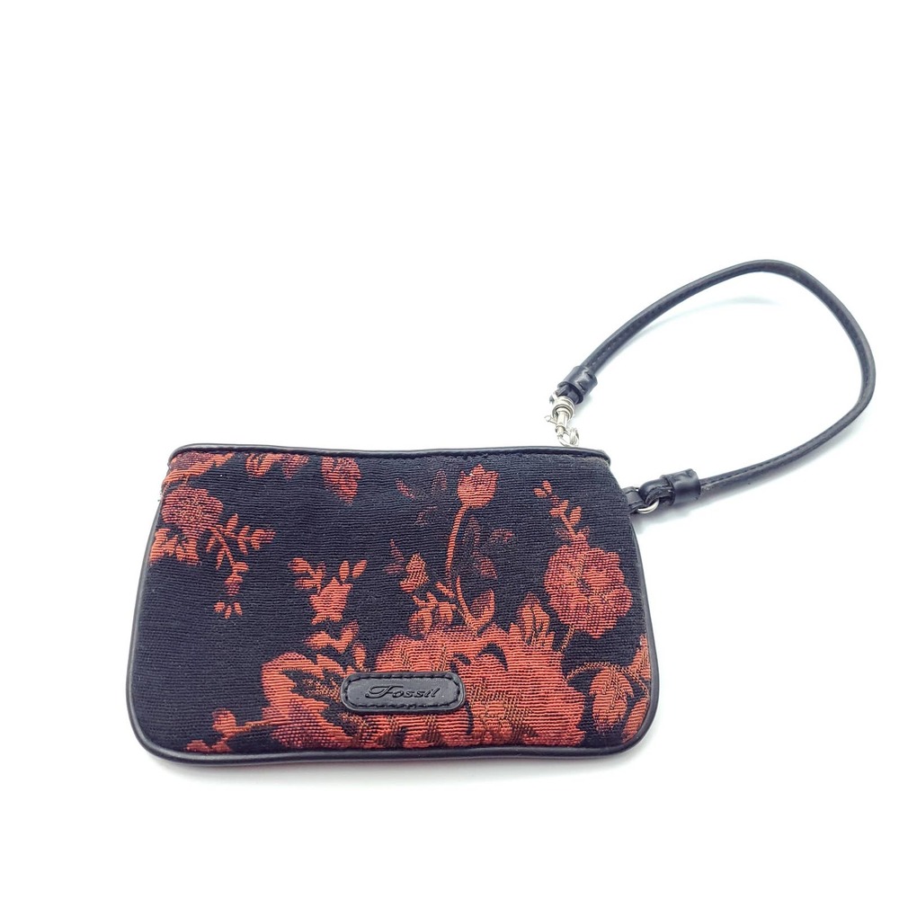 Fossil Black Red Floral Zippered Wristlet Purse